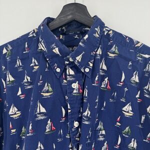 VTG 90s Nautica Mens XL Short Sleeve Button Up Shirt Nautical Sailboats Blue
